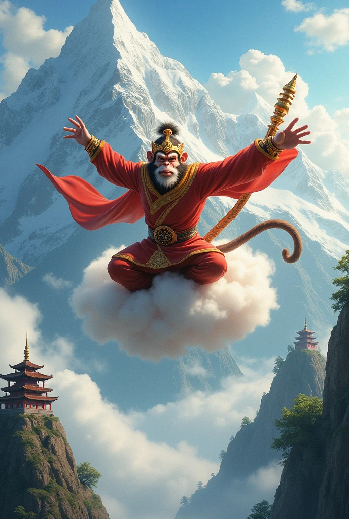 Sun Wukong flying out of the mountains, riding a cloud, dynamic and powerful