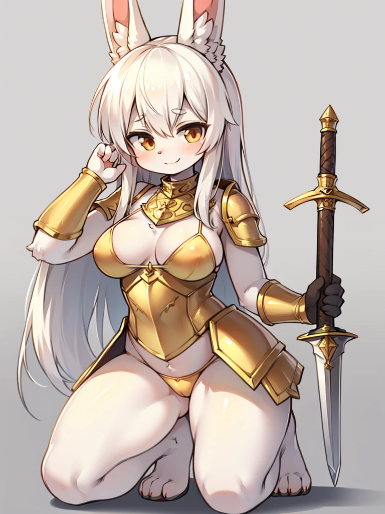 Busty female bunny,Fluffy white hair. Wearing simple and stylish golden bikini armor. . Holding a short sword,Kneeling and squatting,Full body portrait,Expression smile