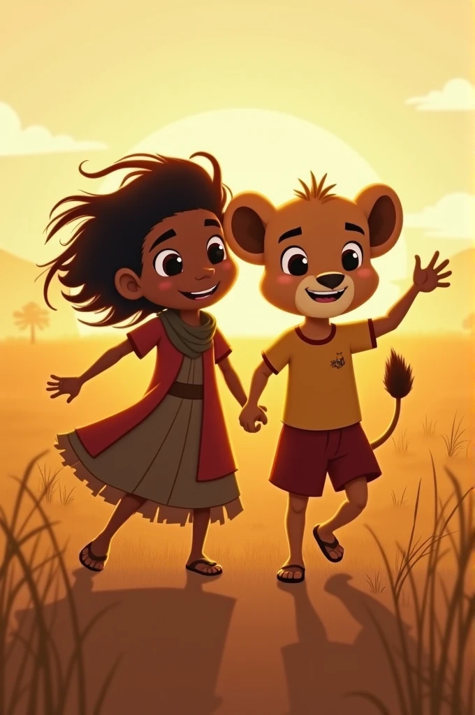 Scene 5:
"Kofi and Leo roaming the savannah together, laughing and playing, with the wind in their hair."
Here are the image prompts for each scene of the story: