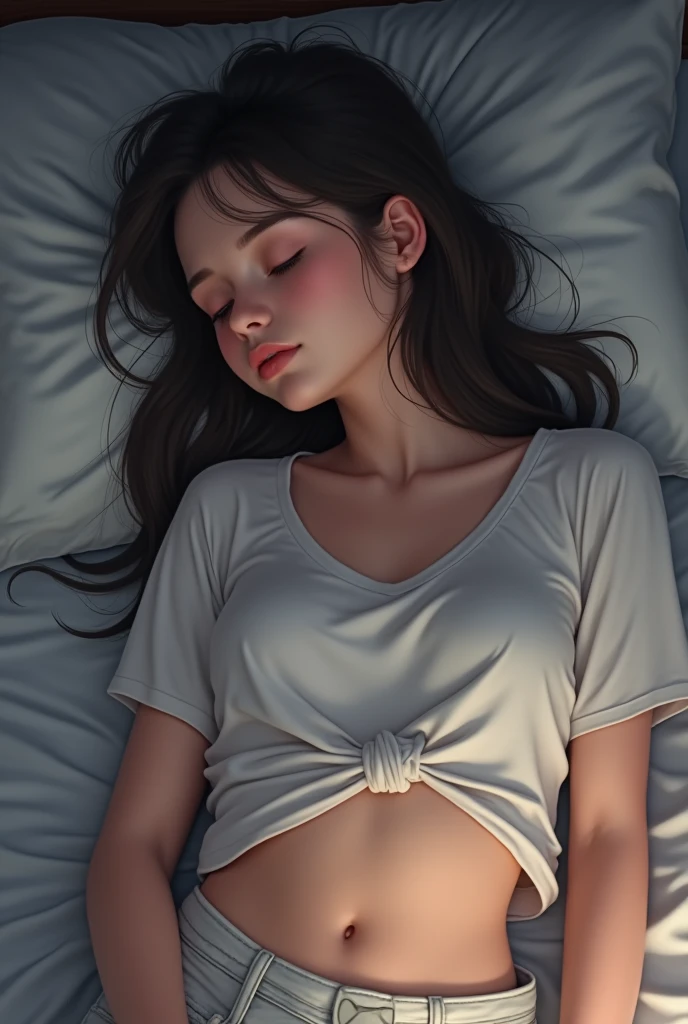 a girl sleeping on the bed and her t-shirt is slightly up as her belly button is fully exposed.