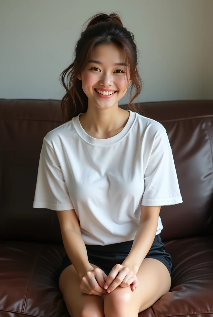 Photorealistic, young Asian woman, long brunette hair tied in a loose ponytail, wearing large white t-shirt, wearing short black gym shorts, barefoot, smiling brightly, sitting on dark brown leather couch, viewed from the front