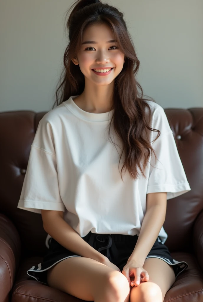 Photorealistic, young Asian woman, long brunette hair tied in a loose ponytail, wearing large white t-shirt, wearing short black gym shorts, barefoot, smiling brightly, sitting on dark brown leather couch, viewed from the front