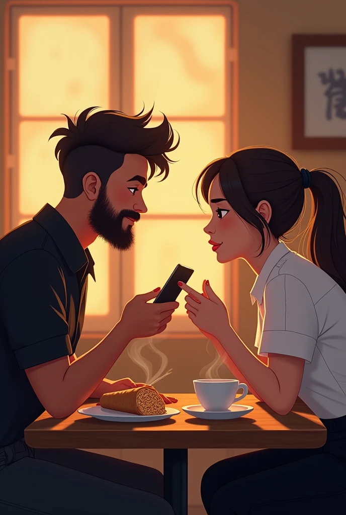 Make a image. In a work at cafe a barista boy wearing black shirt pant a little bit healthy boy with beard and a steward captain girl wearing a white shirt and black pant fall in Love which each other in doing job both are little more faty sit in last table staring at each other while having coffee and noodles and biscuits and paneer wrap make a romantic scenes pic ..they are watching a film on mobile