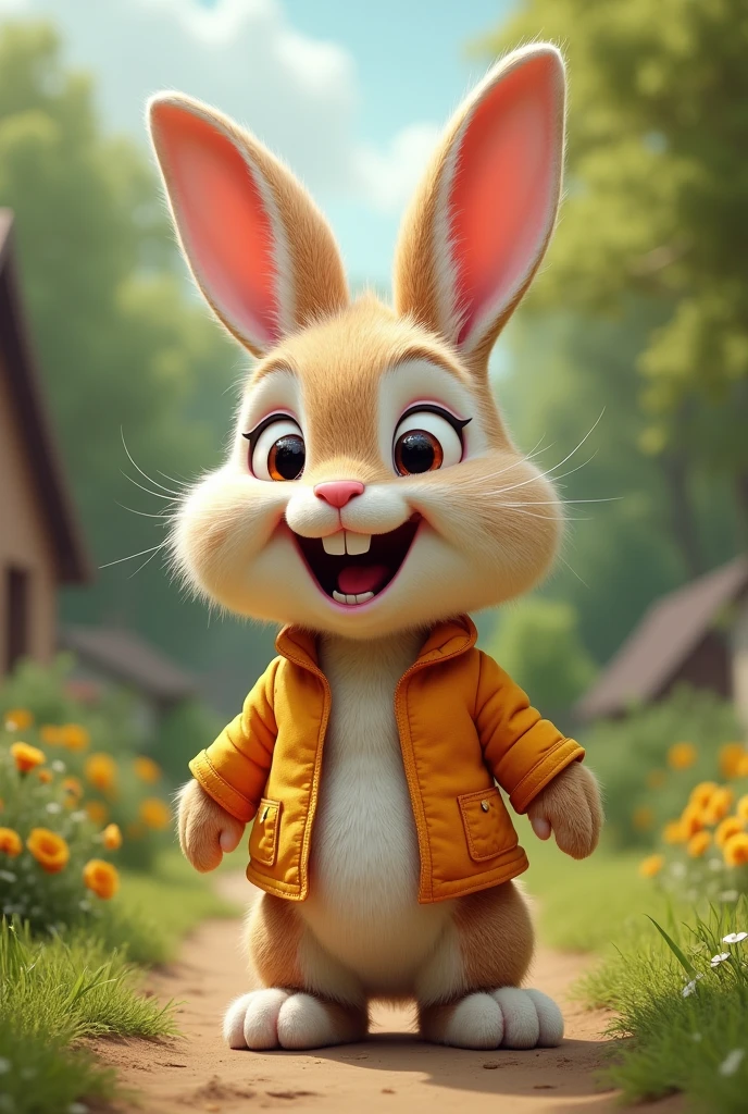 Having humorously exaggerated features、Imagine a lively little rabbit., Extra Large, Dressed in cute clothes, Bright eyes and curiosity, smile, Front image, smile bunny, Disney Style, Captures natural textures, The little feet are a little big, They are even more adorable. Simple garden background, Focus on natural colors and green plants, Produces vibrant colors
