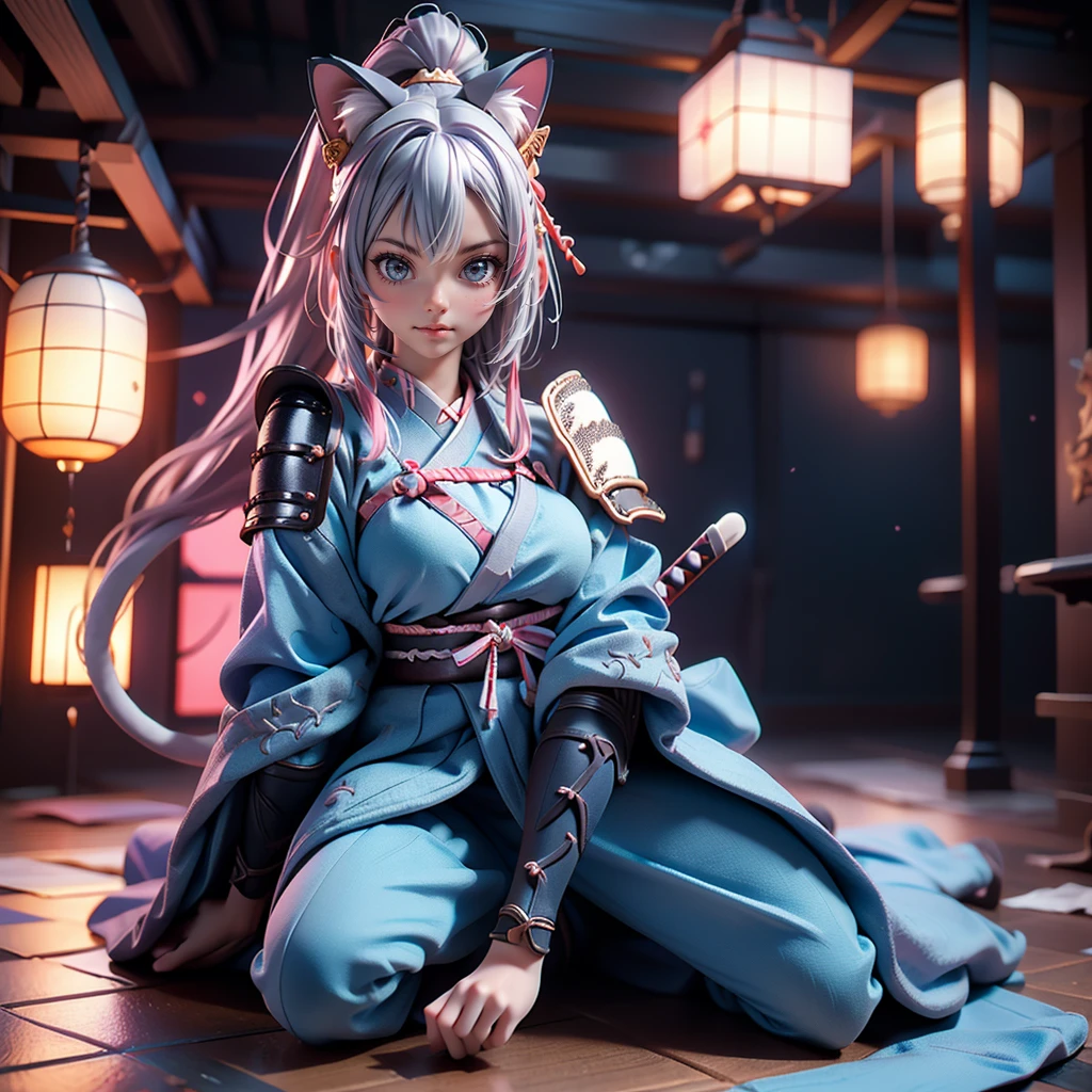 Moisturized Skin, (blue eyes), Realistic body, (Adult female body), Energetic, 3DCG, front, Pink lipstick, (Silver Hair), ((Cat ear)), Beautiful Hair, Long Hair, ponytail, (((Samurai Armor: 1.3))), ((masterpiece + Highest quality + High resolution + Very detailedな)), (whole body: 1.2), Raise your right knee, A fine Japanese sword on his waist, Perfect fingers, Perfect limbs, Depiction from above, Anatomically correct, Textured skin, Very detailed, 