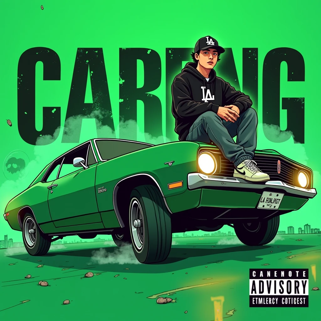 Image of a man sitting on the bonnet of a car, Yoshihiko Wada&#39;s album cover, winner of the behance contest, Doodle, official artwork, rap album cover, hip - hop album art cover, colored album art, hip hop music album cover, rap album cover art, official fanart, GTA Cover, hip hop album cover, album art cover, Cartoon character, oriental boy, Running car, Green background, green tea, Deep pressed black LA ball cap, white nike shoes, Black LA Hoodie, Baggy jeans worn down, black neighborhood, Skull, drug, The city seen from behind, G-FUNK letters, korean, white smoke, Headlight light, Troublemakers, Bad boy