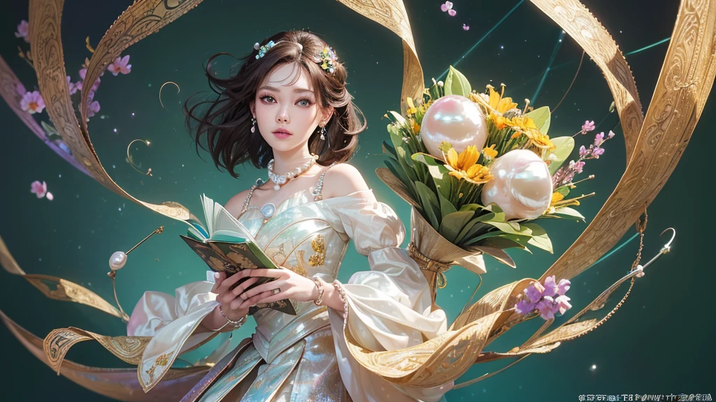 32K, 最高quality, 最高masterpiece, (ultra-Detailed Background, Detailed Background), High resolution, Super detailed, Very detailedな, 1 personの, (bouquet:1.3), (Tangled:1.2), (Geometric:1.2),(colorful),(masterpiece, quality, best quality, Official Art, Beautiful and beautiful:1.2), (1 person:1.3), Very detailed,(colorful:1.1)(Flowers:1.3),Most detailed,(Tangled:1.2), whole body, (Abstract background:1.3), (Skin glows), (Many colors:1.4), ,(Earrings Pearl:1.5), Light green background, It's imaginative., Brunette Hair, Updo, Holding a book, Holding a pen, Satin shirt,