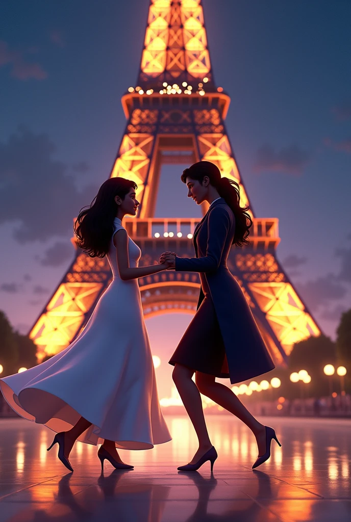 Two women dancing under the Eiffel tower at night with buzzling lights in their surrounding, one of them is wearing an elegant white dress while the other is wearing a sophisticated suit coat in sims animation.