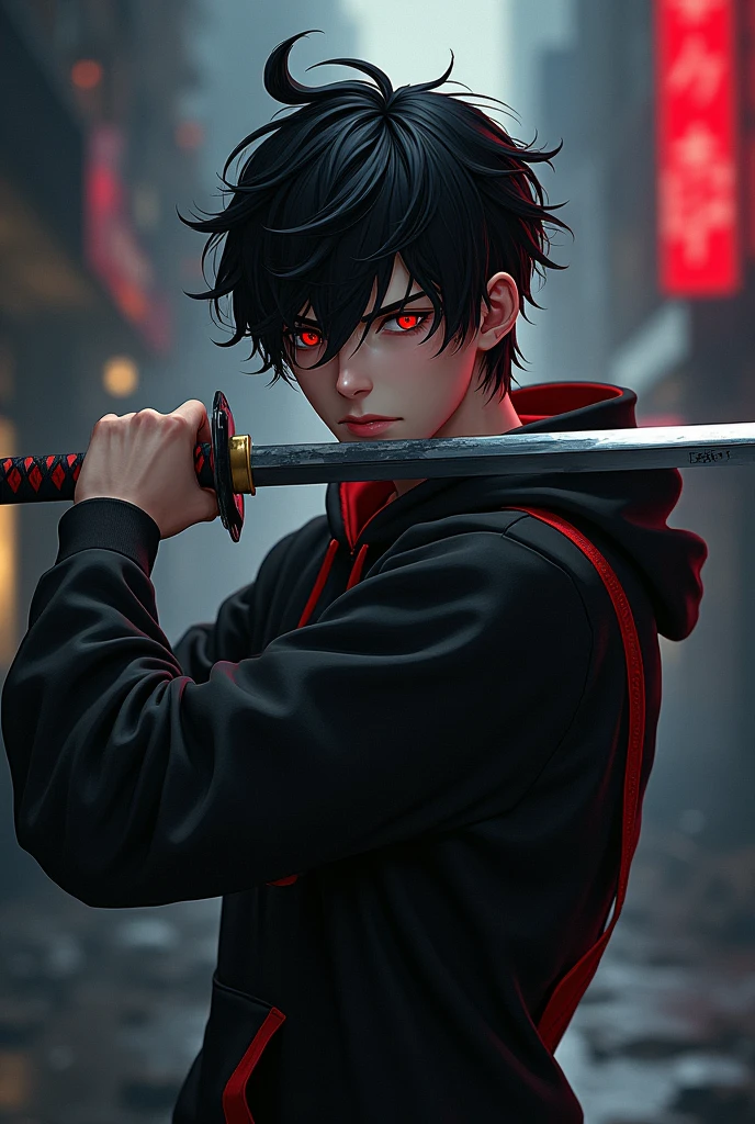 A male character with red eyes, black hair tossed to one side, black sweatshirt with red details and a katana 