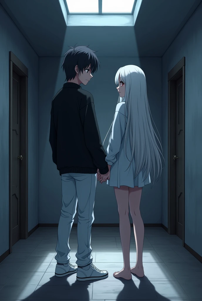 The image is anime style with shadows and dim lights, anime style although somewhat adult and dark, It shows a single adult man of 2 who has black eyes and medium-long black hair as well., who wears an oversized black sweater and white pants with white sneakers. He is holding the hand of a 2 adult albino woman who has red eyes, His feet are bare, She has very beautiful feet and strong legs., Her hair is white and very long and she wears a short dress that reaches her knees.. both, both man and woman, They are shown with a determined and serious expression in the middle of a room partially lit by a skylight..