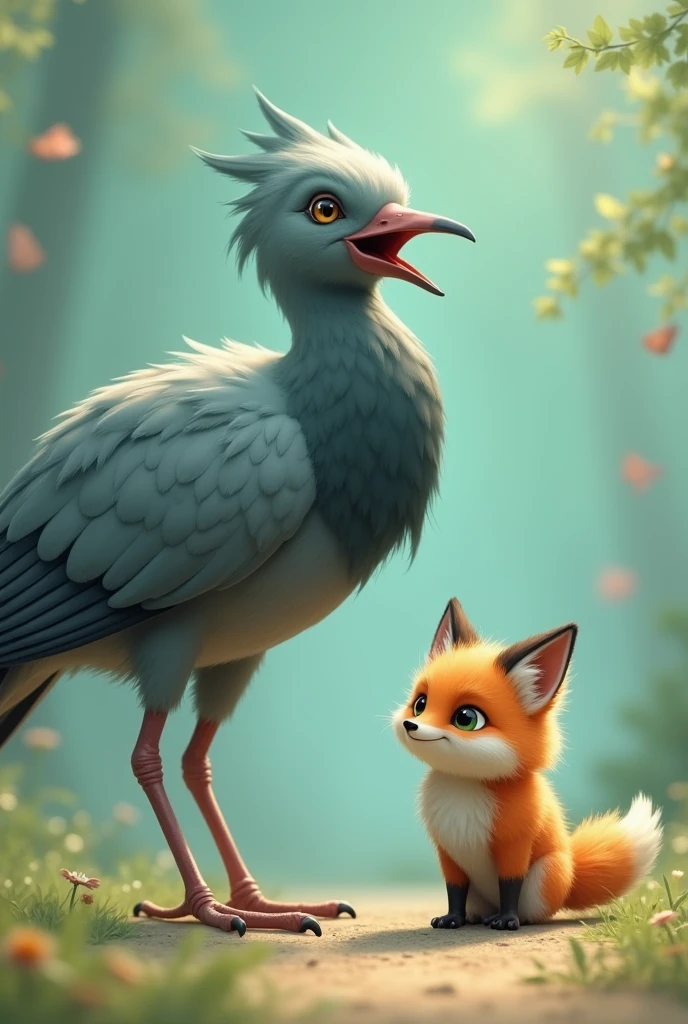 Cute and realistic,A little Tiffany green fox,About to hunt a giant gray bird,giant bird walking on the ground,In front of the fox,The fox is in a state of overestimating his own abilities,Cute and realistic風格