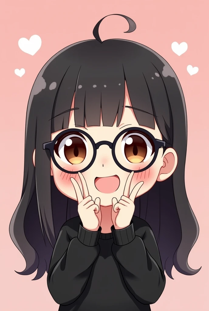 a cute female chibi character, in chibi style, long black hair with bangs, with round black glasses, Caucasian skin, making a V with your hands and smiling cutely, com olhos castanhos, wearing black clothes, just the character's face on a pastel pink background with hearts