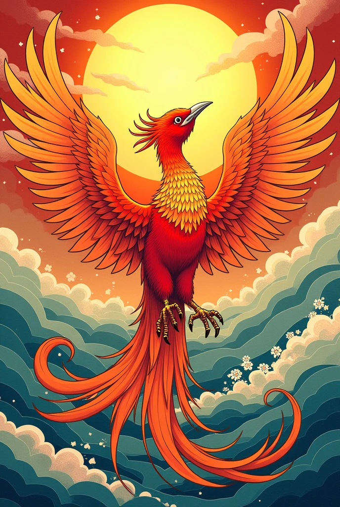 a phoenix drawing in ukiyo-e style, phoenix, sun,