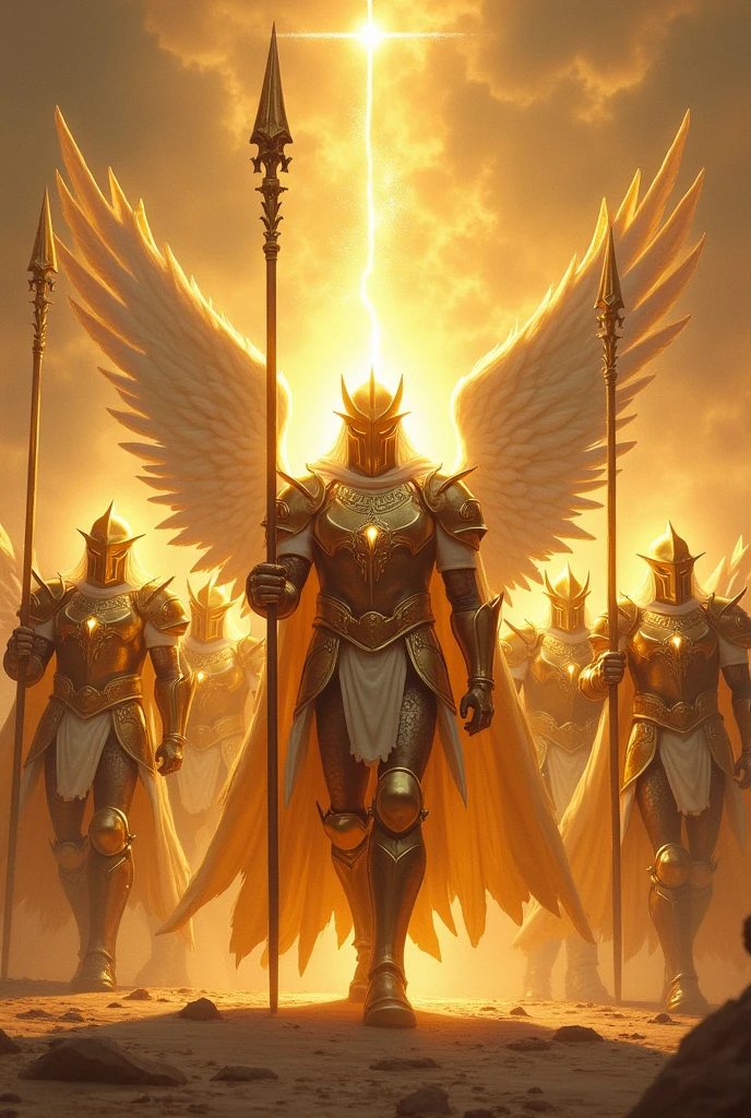 Heavenly soldiers assembling, shining weapons, ready for battle