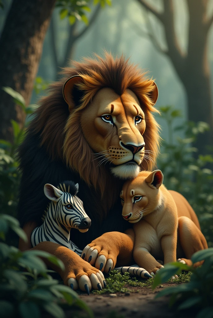 Sad lion in small lion child in jungle while zebra is sitting beside him both looks, sad