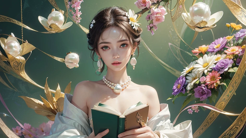32K, 最高quality, 最高masterpiece, (ultra-Detailed Background, Detailed Background), High resolution, Super detailed, Very detailedな, 1 personの, (bouquet:1.3), (Tangled:1.2), (Geometric:1.2),(colorful),(masterpiece, quality, best quality, Official Art, Beautiful and beautiful:1.2), (1 person:1.3), Very detailed,(colorful:1.1)(Flowers:1.3),Most detailed,(Tangled:1.2), whole body, (Abstract background:1.3), (Skin glows), (Many colors:1.4), ,(Earrings Pearl:1.5), Light green background, It's imaginative., Brunette Hair, Updo, Holding a book, Holding a pen, Satin shirt,