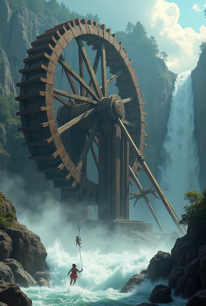Write me a command to create an image starting with image create with the following content: image of a large wooden water wheel rotating under a high waterfall, in front of the wheel is an image of small people trying to swing. Clinging to the wheel's rotation, some people were thrown away, one person lost his grip and fell from a high place. The surrounding scenery looks very majestic, surprisingly scary, the images are extremely impressive and scary, the space is extremely heavy to the point of dysphoria, the images are realistic and clear.