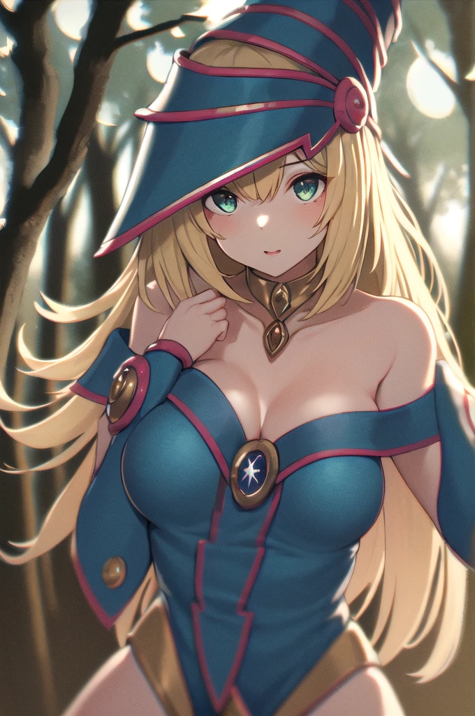 dark magician girl, mksks style, (very detailed background:1.0), (highly detailed background:1.0), masterpiece, best quality, (1girl), solo, (forest), long hair, blonde hair, blue headwear, wizard hat, spell casting, nature, trees:1.2, motion blur, magic, (moonlight:1.2), chromatic aberration, depth of field, soft lighting, highly detailed face, highly detailed eyes ,bare breast,nipple