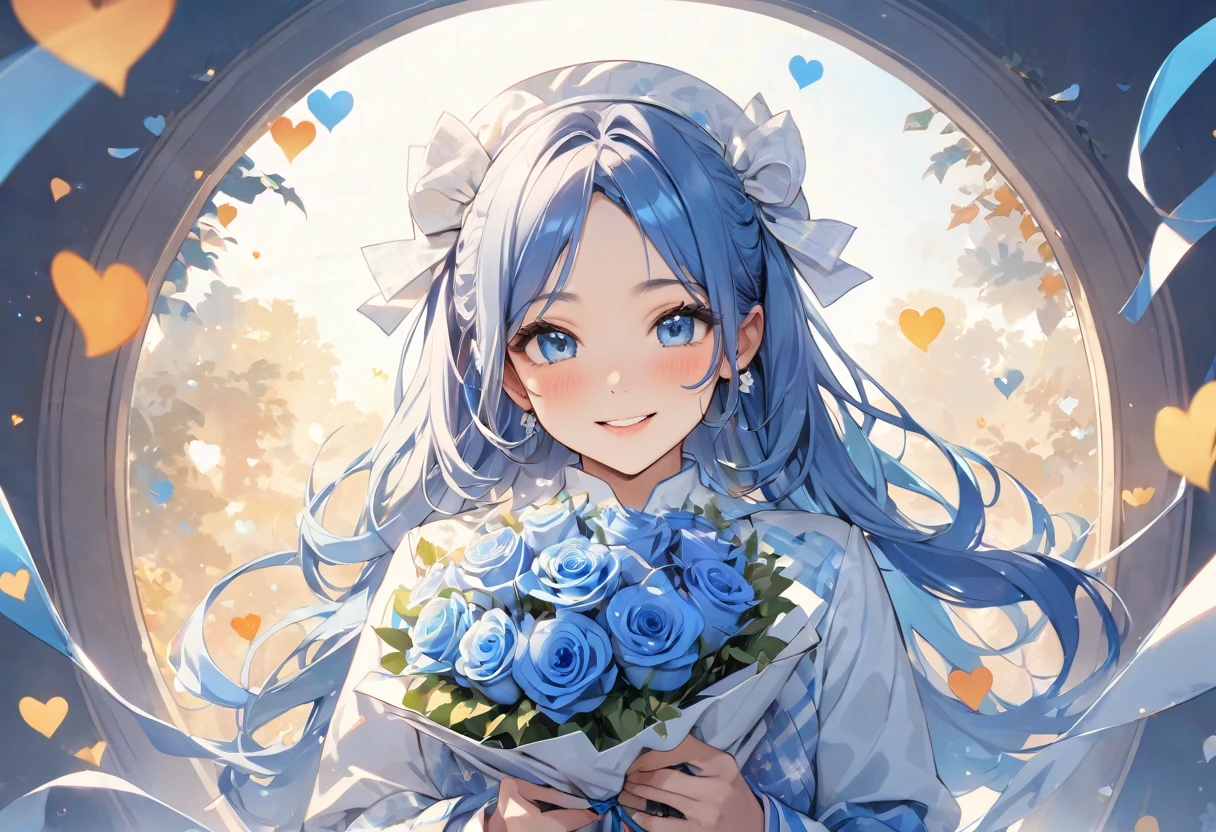 (Thanksgiving style), (pov, solo:2 yo) (detailed forehead)  (immensely beautiful blue hair long hair), (best cute girl) (immensely cute blue eyes) (happy smile) (glossy lip) (small tits), in a best cute blue swallowtail suit with double exposure:1.2 love hearts, white bow tie, break, hand holding a beautiful detailed big bouquet of blue rose, break, in the thanksgiving stage, ((background font is "ENAENA")), BREAK, perfect anatomy, masterpiece, best quality, 16k, beautiful detailed thanks, daydreaming expression.