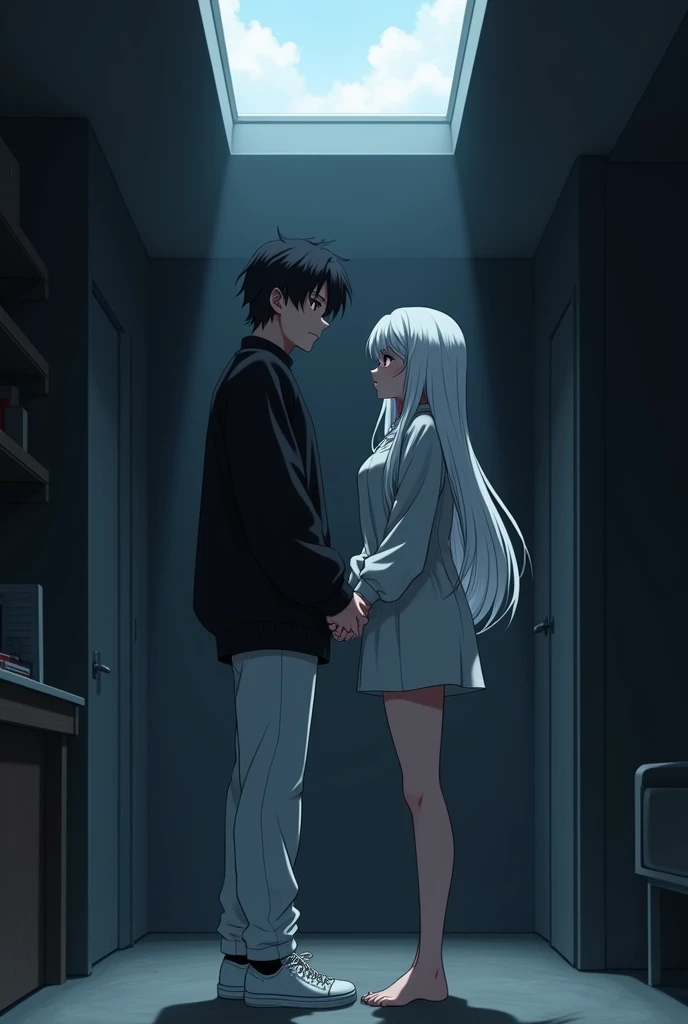 The image is anime style with shadows and dim lights, anime style although somewhat adult and dark, It shows a single adult man of 2 who has black eyes and medium-long black hair as well., who wears an oversized black sweater and white pants with white sneakers. He is holding the hand of a 2 adult albino woman who has red eyes, His feet are bare, She has very beautiful feet and strong legs., Her hair is white and very long and she wears a short dress that reaches her knees.. both, both the man and the woman are adults, They are shown with a determined and serious expression in the middle of a room partially lit by a skylight..