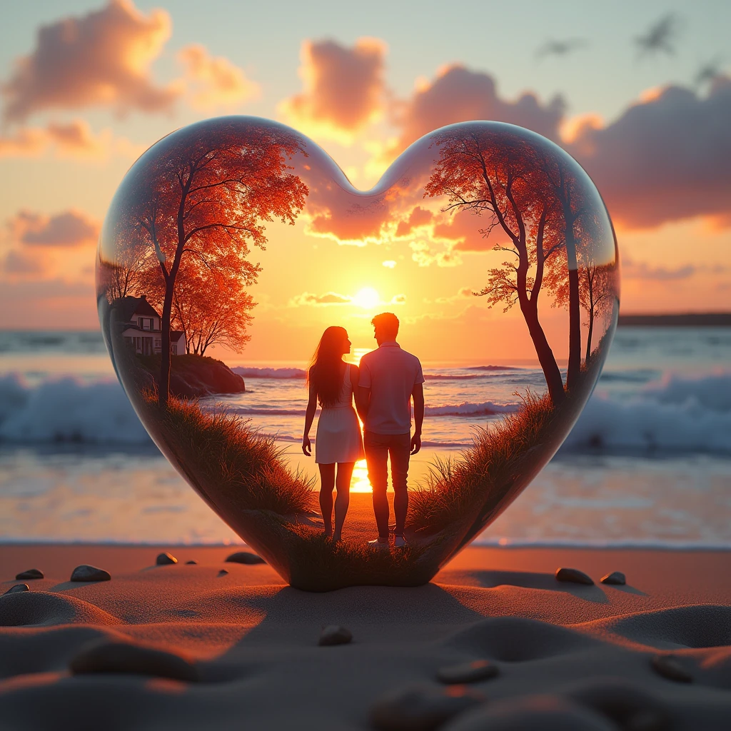 Double exposure of glass heart, Immerse yourself in a soft and romantic atmosphere.  Using Double Exposure Technology、Create something vivid, Dynamic Image.  Inside the Glass Heart, Picturesque silhouette of lovers in front of a beach with waves sinking during a vibrant summer sunset、Visualize beautiful summer landscapes, All made using tilt-shift technology, 3D effects and sharp contrast.  Around the Glass Heart, The atmosphere should resonate with love and romance, Soft pastel tones and warm lighting、It creates an enchanting and welcoming environment.  Make sure the charming cottage in the fall landscape and glass center has a vibrant and detailed look, It forms a peaceful and romantic environment that harmonizes with the calm and romantic environment.
  Necessary for this effect: alchemy, Prompt Magic V3, Photoreal or Dream Shaper V7、Summer beach