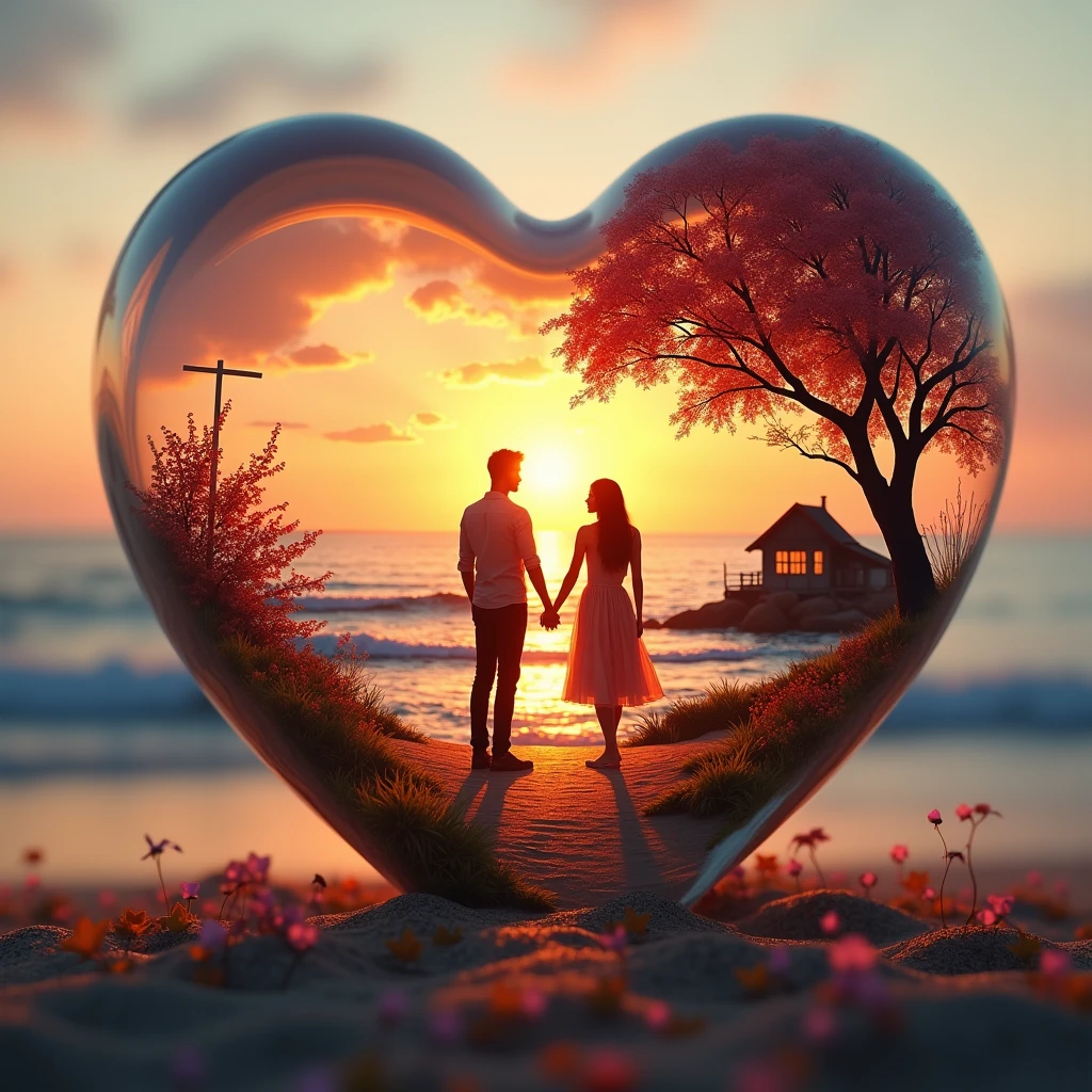 Double exposure of glass heart, Immerse yourself in a soft and romantic atmosphere. Using Double Exposure Technology、Create something vivid, Dynamic Image. Inside the Glass Heart, Picturesque silhouette of lovers in front of a beach with waves sinking during a vibrant summer sunset、Visualize beautiful summer landscapes, All made using tilt-shift technology, 3D effects and sharp contrast. Around the Glass Heart, The atmosphere should resonate with love and romance, Soft pastel tones and warm lighting、It creates an enchanting and welcoming environment. Make sure the charming cottage in the fall landscape and glass center has a vibrant and detailed look, It forms a peaceful and romantic environment that harmonizes with the calm and romantic environment.
Necessary for this effect: alchemy, Prompt Magic V3, Photoreal or Dream Shaper V7、Summer beach