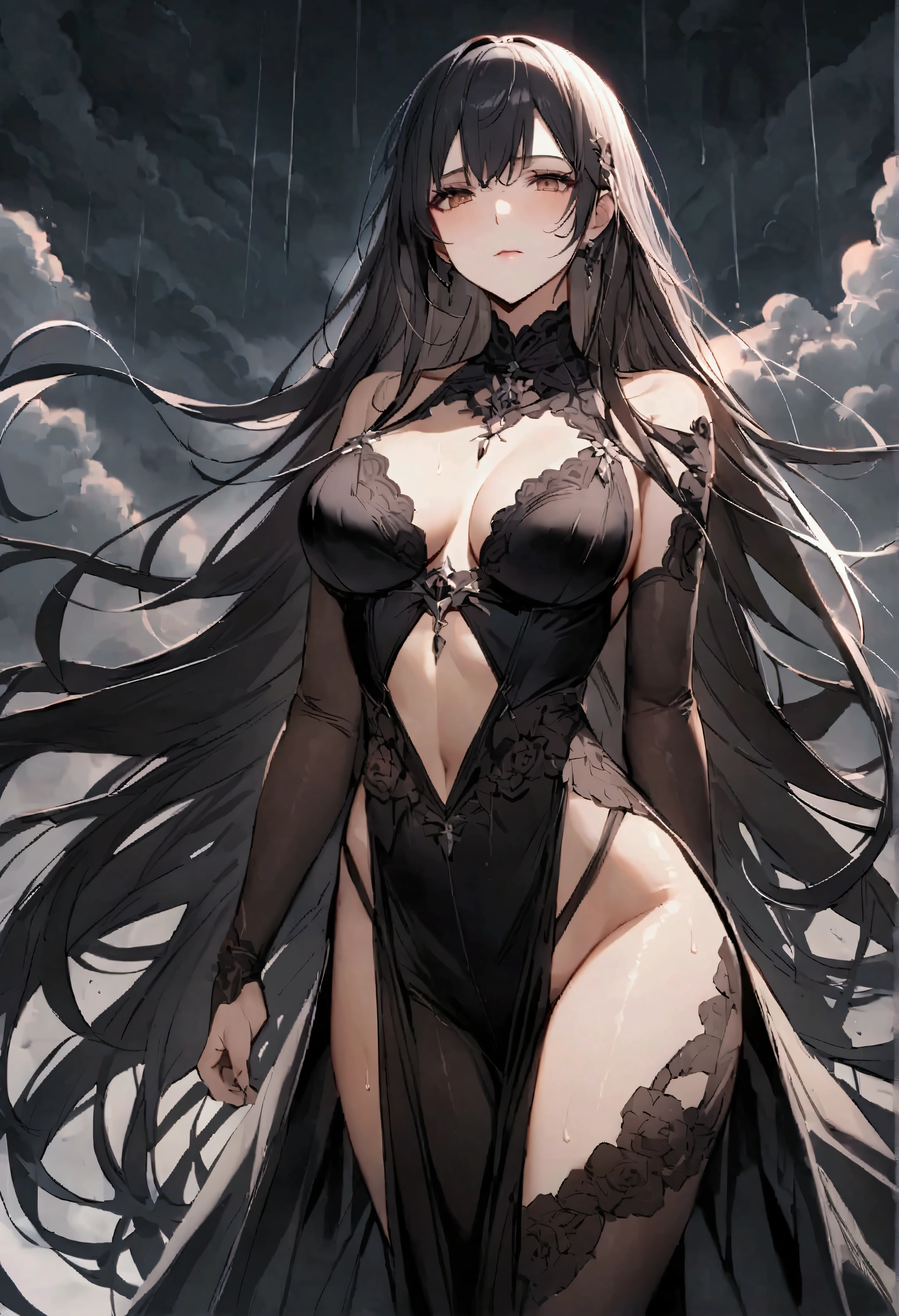 （only one person），Dark sky，Heavy rain，lightning，dark clouds，(Combat damage机甲，Combat damage)，Flowing long hair，Sexy woman