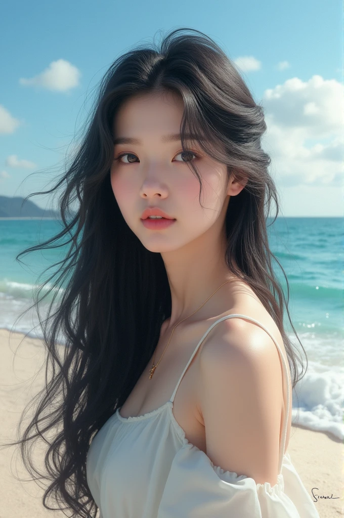 Korean girl long hair background at the beach 