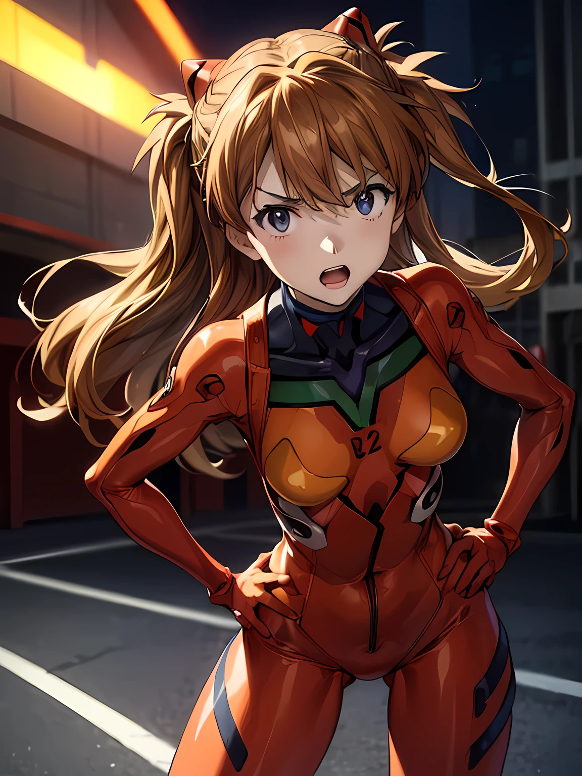 ultra-detailed, illustration, super cute, Beautiful Face, Beautiful body, ((souryuu asuka langley, interface headset, red bodysuit:1.4, Orange-brown hair)), glowing eyes, Sparkling Eyes, (beautiful and detailed eyes:1.1), whole body, (((Raise left index finger to attention:1.4, Place the other hand on your hip, Attention gesture))), (Mouth open in a preachy tone:1.25), (Leaning forward), The background is NERV Headquarters, [[delicate fingers and hands:0.55]::0.85],(Correct number of fingers, detail fingers), (Toon Shader Rendering), photo with an 85mm camera, ((masterpiece, best quality, high resolution))