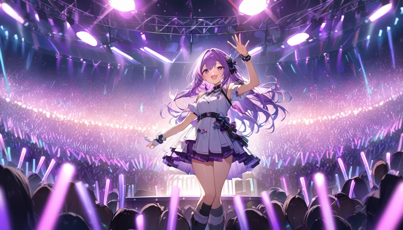 At the concert venue, Many purple glow sticks are waving、
