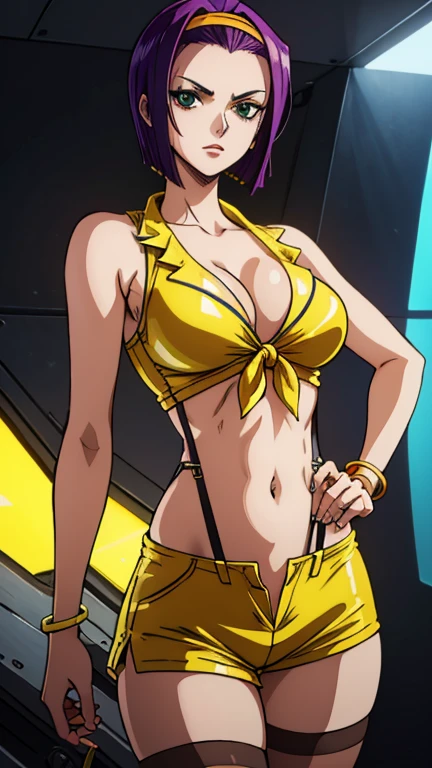 (1girl, faye valentine), (extremely detailed CG unit 8k wallpaper),(master part), (best quality), (ultra detail), (best illustration),(melhor ombre), cowboy shot, (Sharp eyeliner, ombre, detailed eyes:1), Spaceship bridge, break , (one piece style), upper body, yellow hairband, yellow crop top, red shirt, off shoulder, tied shirt, suspenders, midriff, yellow shorts, thighhighs,
eyewear on head, sunglasses, two-tone bikini, o-ring bikini, bracelet