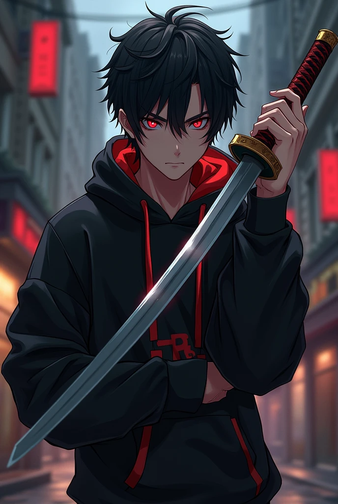 A male character with red eyes, black hair tossed to one side, black sweatshirt with red details and a katana