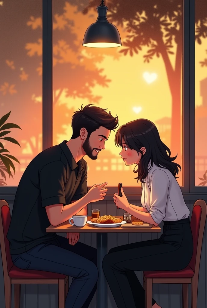 Make a image. In a work at cafe a barista boy wearing black shirt pant a little bit healthy boy with beard and a steward captain girl wearing a white shirt and black pant fall in Love which each other in doing job both are little more faty sit in last table staring at each other while having coffee and noodles and biscuits and paneer wrap make a romantic scenes pic ..both of they are watching a film on one mobile and cute laugh