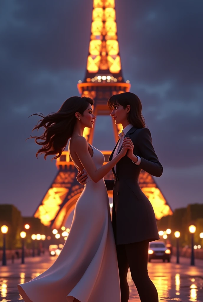 Two women slow dancing under the Eiffel tower at night with buzzling lights in their surrounding, one of them is wearing an elegant white dress while the other is wearing a sophisticated coat in sims animation.