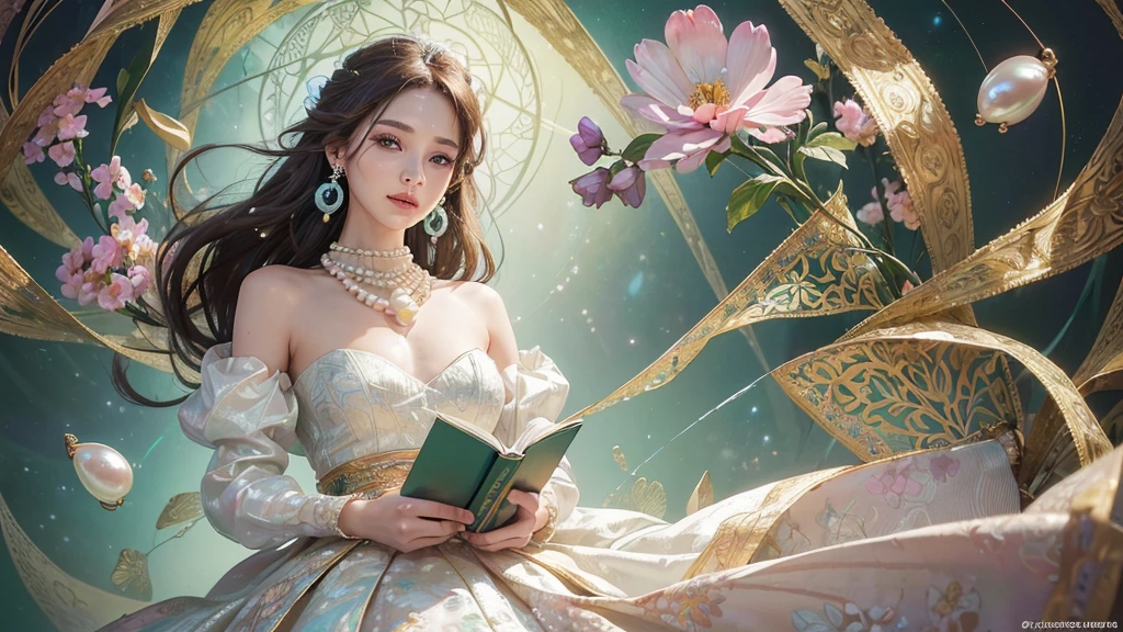 32K, 最高quality, 最高masterpiece, (ultra-Detailed Background, Detailed Background), High resolution, Super detailed, Very detailedな, 1 personの, (bouquet:1.3), (Tangled:1.2), (Geometric:1.2),(colorful),(masterpiece, quality, best quality, Official Art, Beautiful and beautiful:1.2), (1 person:1.3), Very detailed,(colorful:1.1)(Flowers:1.3),Most detailed,(Tangled:1.2), whole body, (Abstract background:1.3), (Skin glows), (Many colors:1.4), ,(Earrings Pearl:1.5), Light green background, It's imaginative., Brunette Hair, Updo, Holding a book, Holding a pen, Satin shirt,