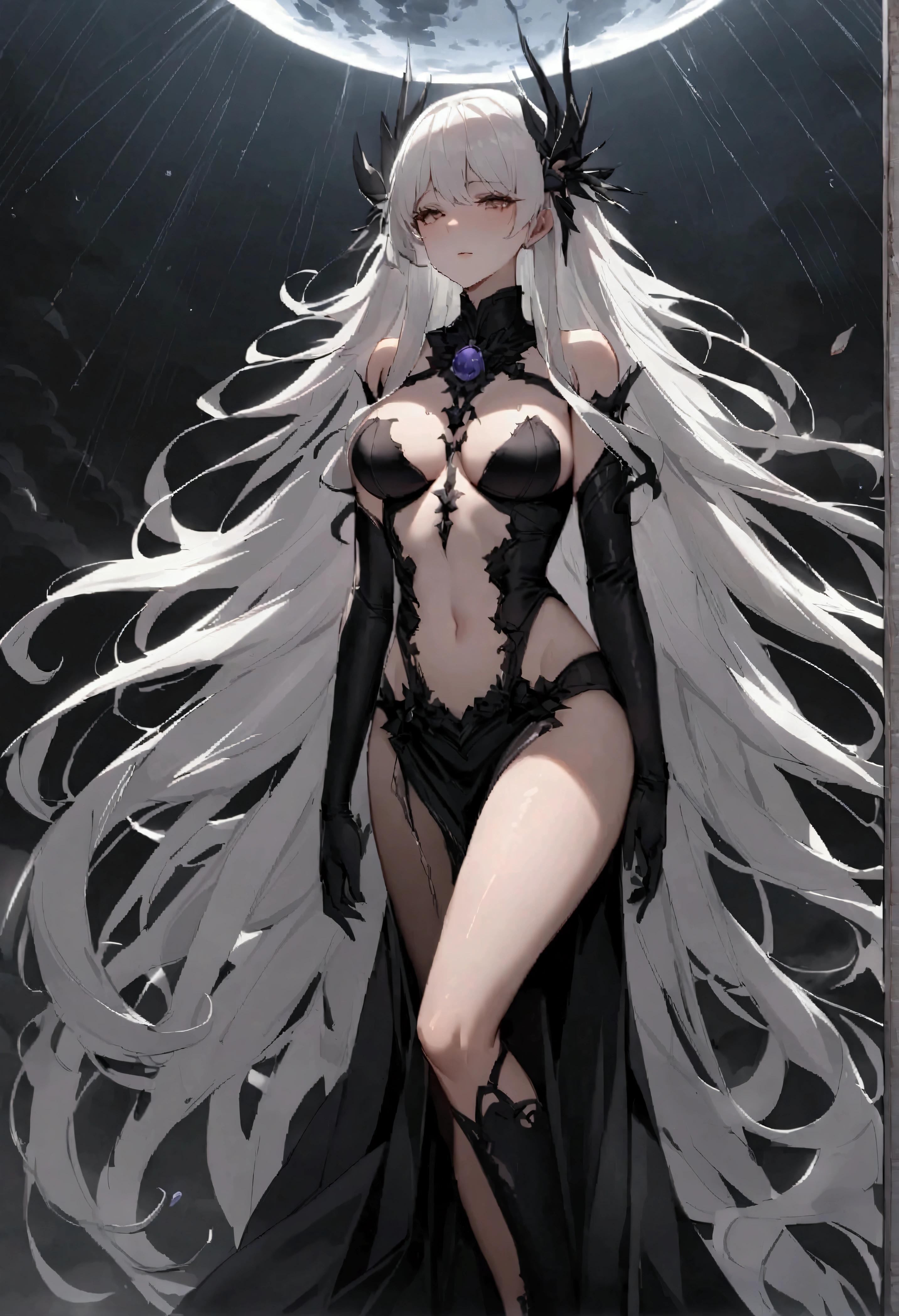 （only one person），Dark sky，Heavy rain，lightning，dark clouds，(Combat damage机甲，Combat damage)，Flowing long hair，Sexy woman