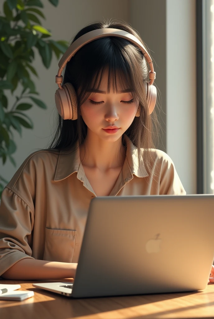 A girl sitting in front of table laptop on table girl wear headphones western culture dressing girl color white beautiful not anime real girl
