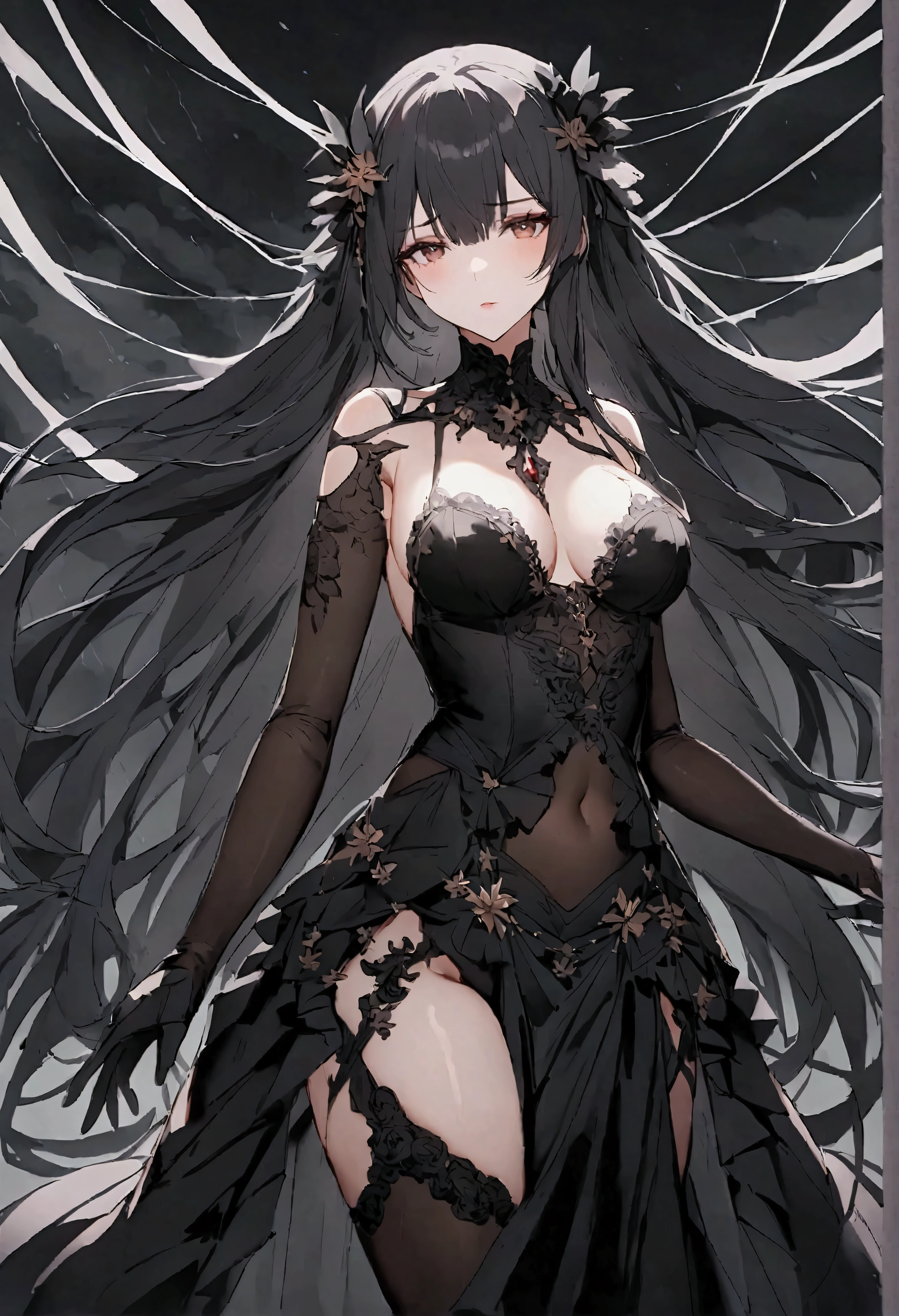 (only one person),Dark sky,Heavy rain,lightning,dark clouds,(Combat damage机甲,Combat damage),Flowing long hair,Sexy woman