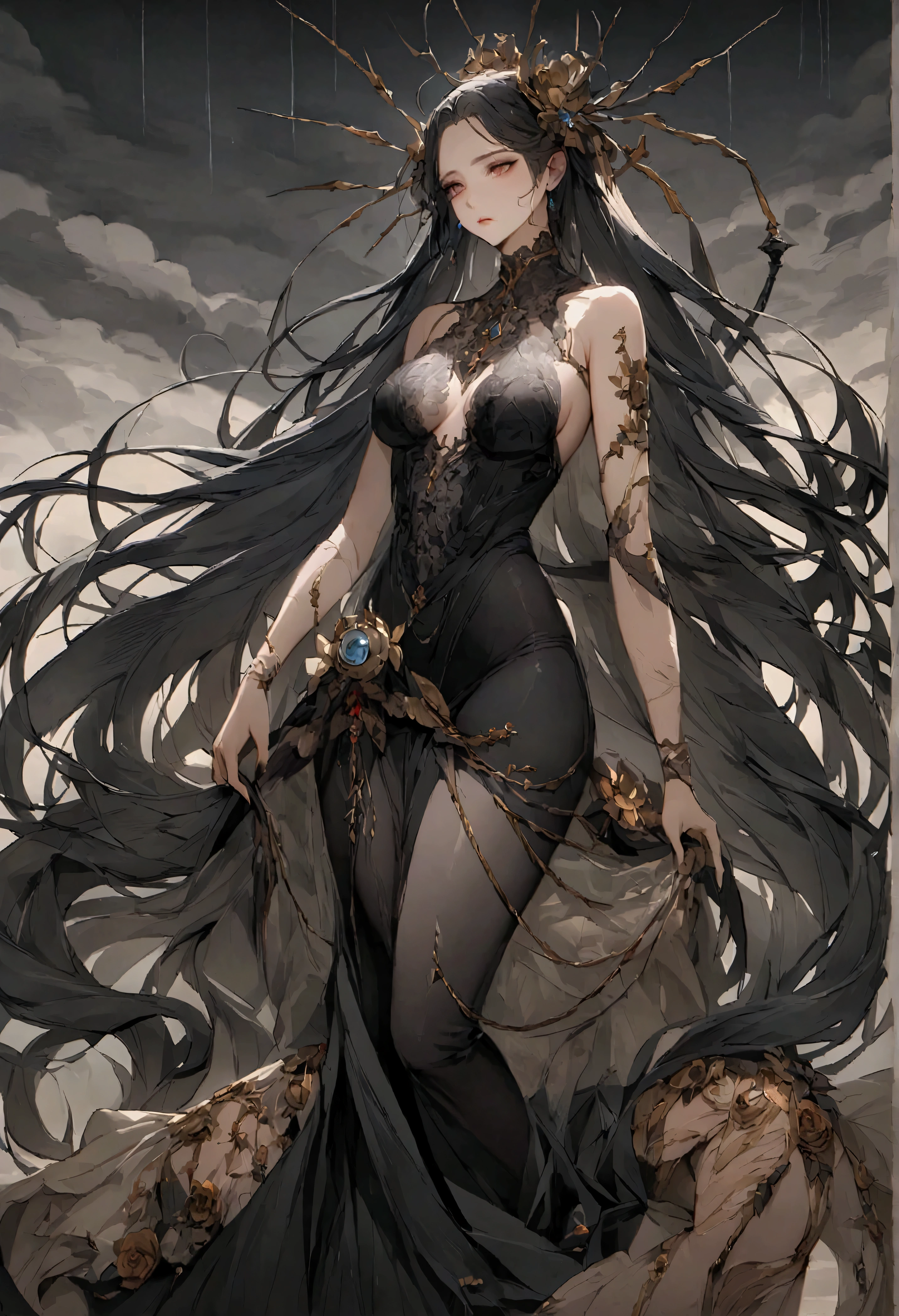 (only one person),Dark sky,Heavy rain,lightning,dark clouds,(Combat damage机甲,Combat damage),Flowing long hair,Sexy woman