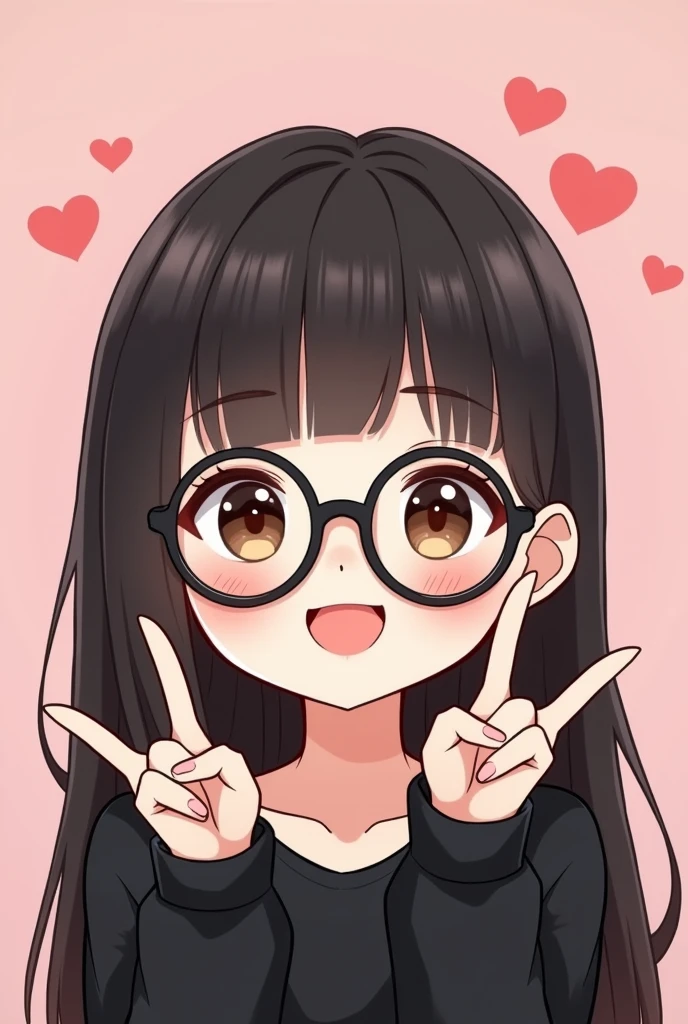 a cute female chibi character, in chibi style, long black hair with bangs, with round black glasses, Caucasian skin, making a V with your hands and smiling cutely, com olhos castanhos, wearing black clothes, just the character&#39;s face on a pastel pink background with hearts