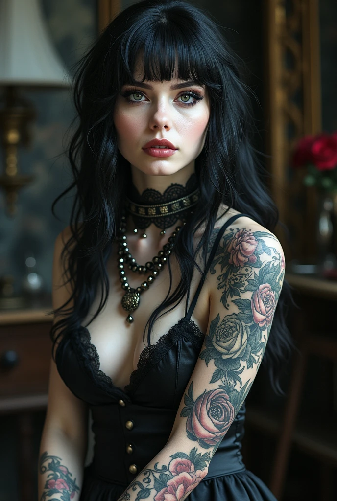 Gothic girl with many tattoos, Jewellery and piercings