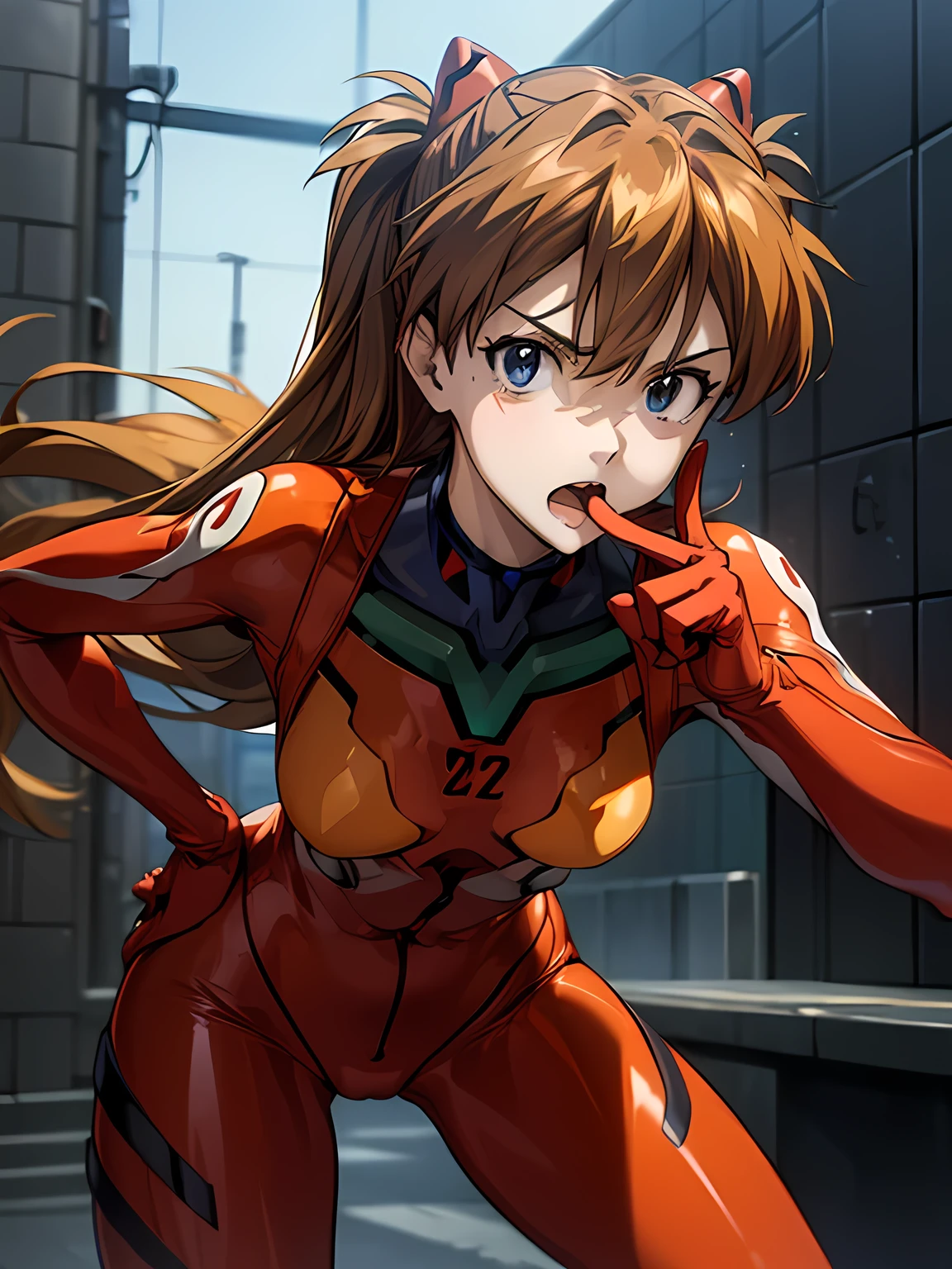 ultra-detailed, illustration, super cute, Beautiful Face, Beautiful body, ((souryuu asuka langley, interface headset, red bodysuit:1.4, Orange-brown hair)), glowing eyes, Sparkling Eyes, (beautiful and detailed eyes:1.1), whole body, (((Raise left index finger to attention:1.4, Place the other hand on your hip, Attention gesture))), (Mouth open in a preachy tone:1.25), (Leaning forward), The background is NERV Headquarters, [[delicate fingers and hands:0.55]::0.85],(Correct number of fingers, detail fingers), (Toon Shader Rendering), photo with an 85mm camera, ((masterpiece, best quality, high resolution))