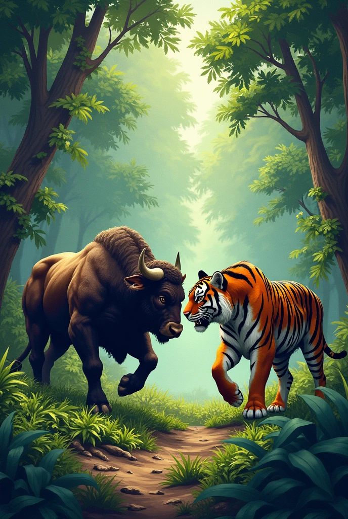 bull and tiger in the forest with stippling art style
