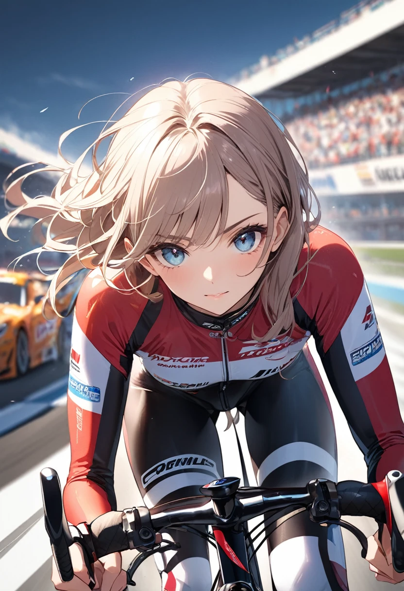 A girl riding a racing bike looking at you