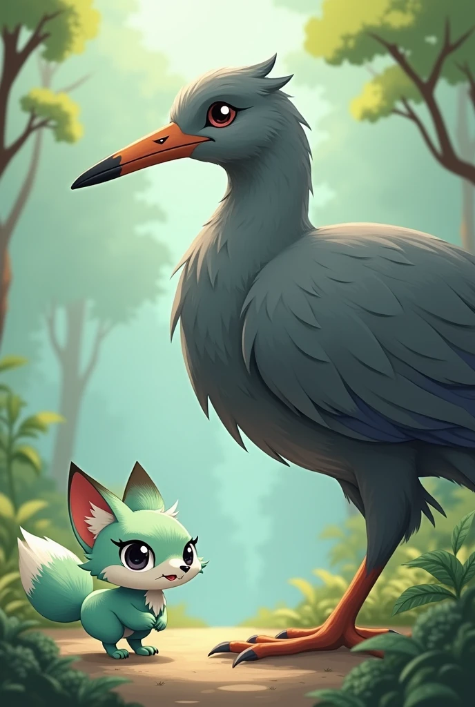 A little Tiffany green fox,About to hunt a giant gray bird,giant bird walking on the ground,In front of the fox,The fox is in a state of overestimating his own abilities,Cute realistic style