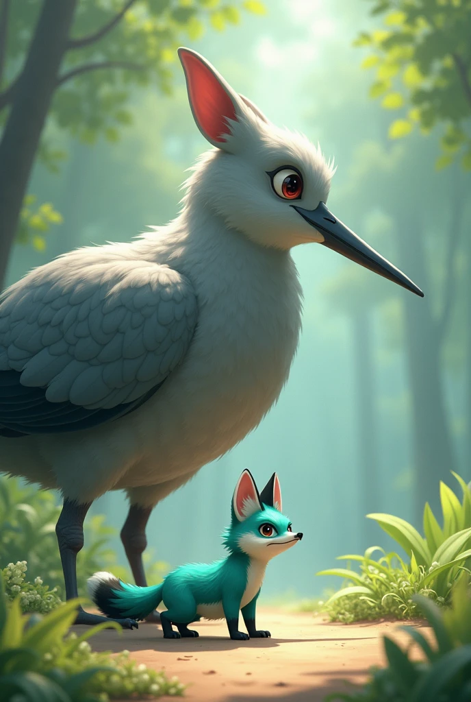 A little Tiffany green fox,About to hunt a giant gray bird,giant bird walking on the ground,In front of the fox,The fox is in a state of overestimating his own abilities,Cute realistic style