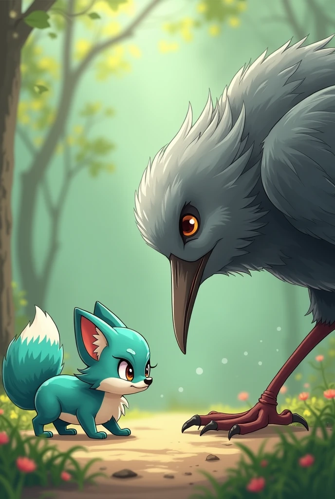 A little Tiffany green fox,About to hunt a giant gray bird,giant bird walking on the ground,In front of the fox,The fox is in a state of overestimating his own abilities,Cute realistic style