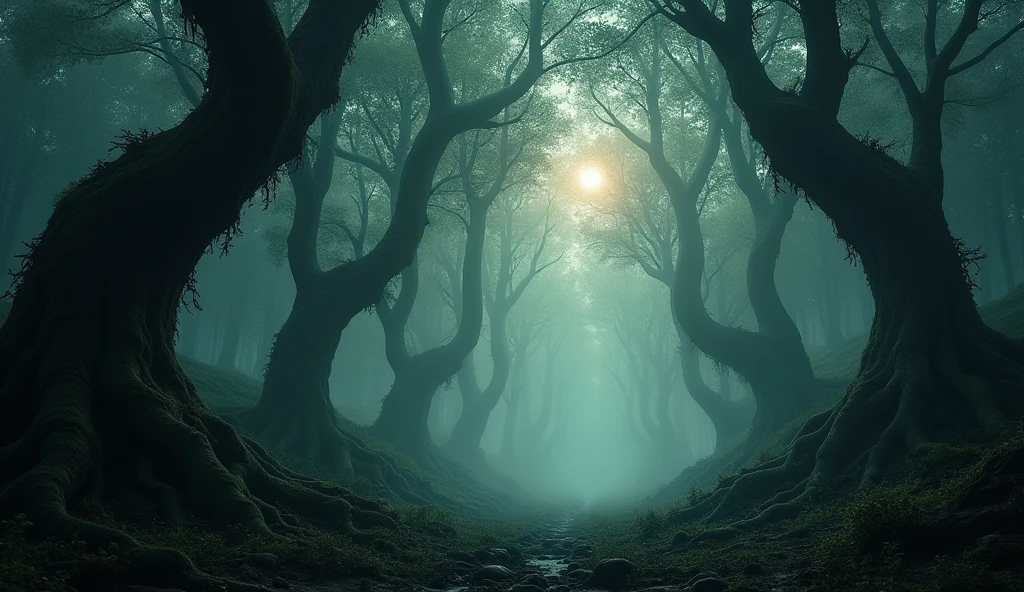 uma floresta densa, where the trees are tall and dark, with , moss-covered trunks. The forest floor is shrouded in mist, with rays of light from the setting sun faintly penetrating the treetops. The atmosphere is unsettling, with elongated shadows creating threatening shapes. The environment conveys a sense of isolation and mystery.