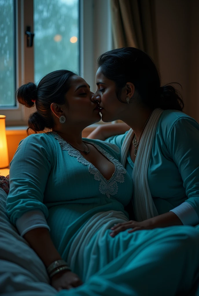 photo of Voluptuous Mature Indian Aunty with dusky skin, wearing tight Sky blue Kurti and White stole around her throat, showing her large U cut Cleavage, Hair Tied behind,Sitting on bed turning her head and Kissing a Slim Young boy, Dim Night light in the room, Rain pouring outside the window.