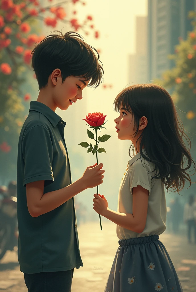 A boy giving a rose to his girl but she is going without looking at him